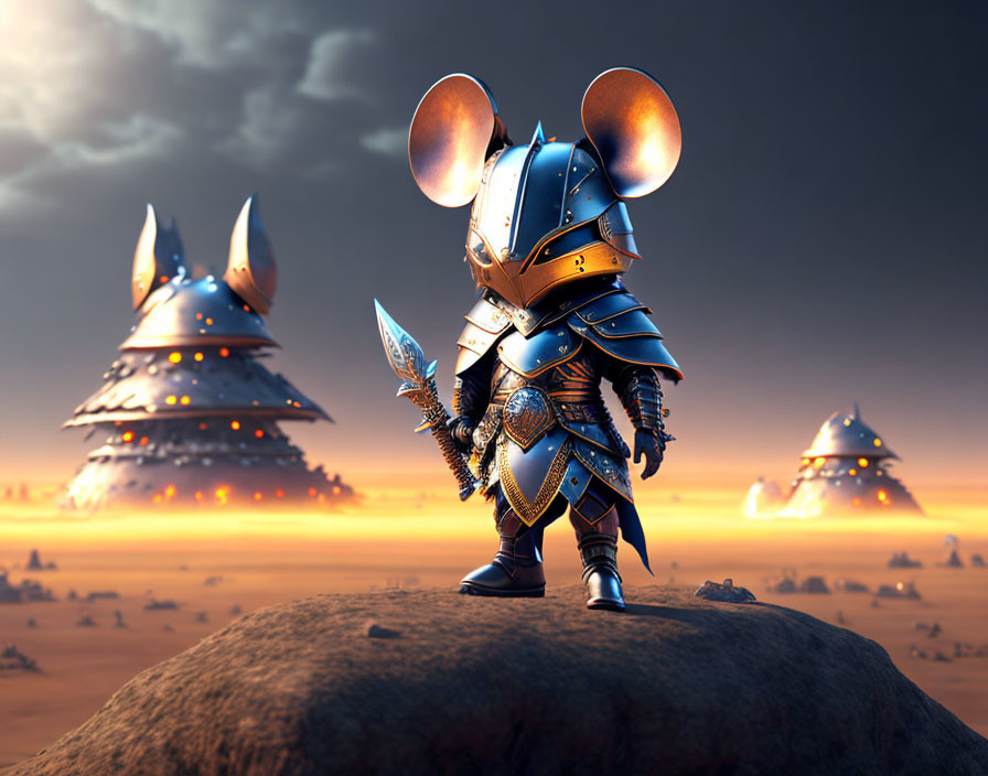 Mouse warrior in armor gazes at mountains under dramatic sunset sky