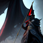 Dark armored figure with flag and menacing dragon wing in dramatic sky