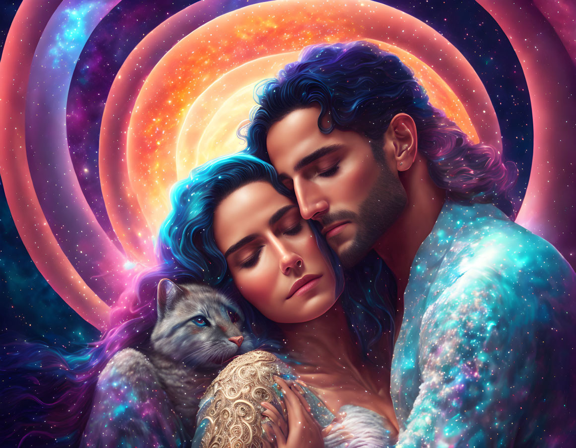 Cosmic-themed couple embracing with cat against vibrant galactic backdrop