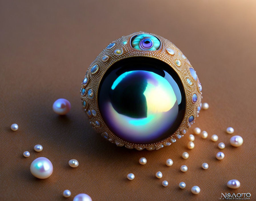 Intricate spherical object with eye and pearls on brown background