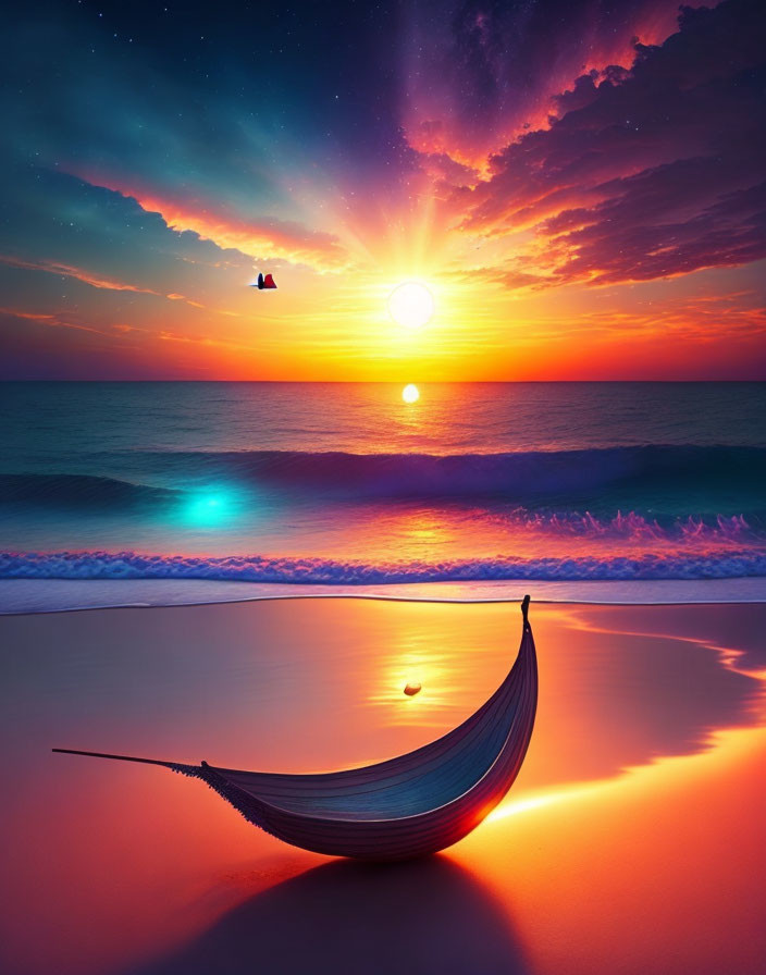 Scenic beach sunset with hammock, radiant skies, stars, and bird in flight