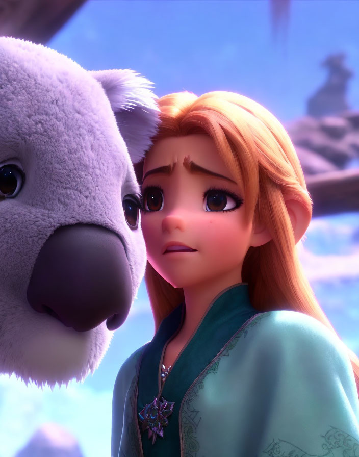 Animated young woman with orange hair and concerned expression next to a koala against a purple sky.