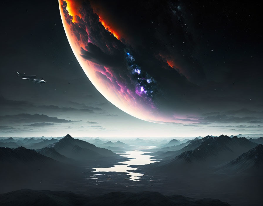 Nighttime aircraft flying over mountainous landscape with fiery planet in sky