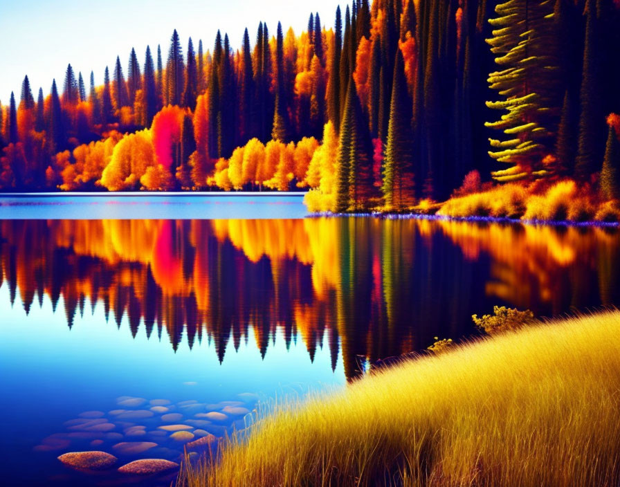 Tranquil lake reflecting colorful autumn trees and stones in clear water