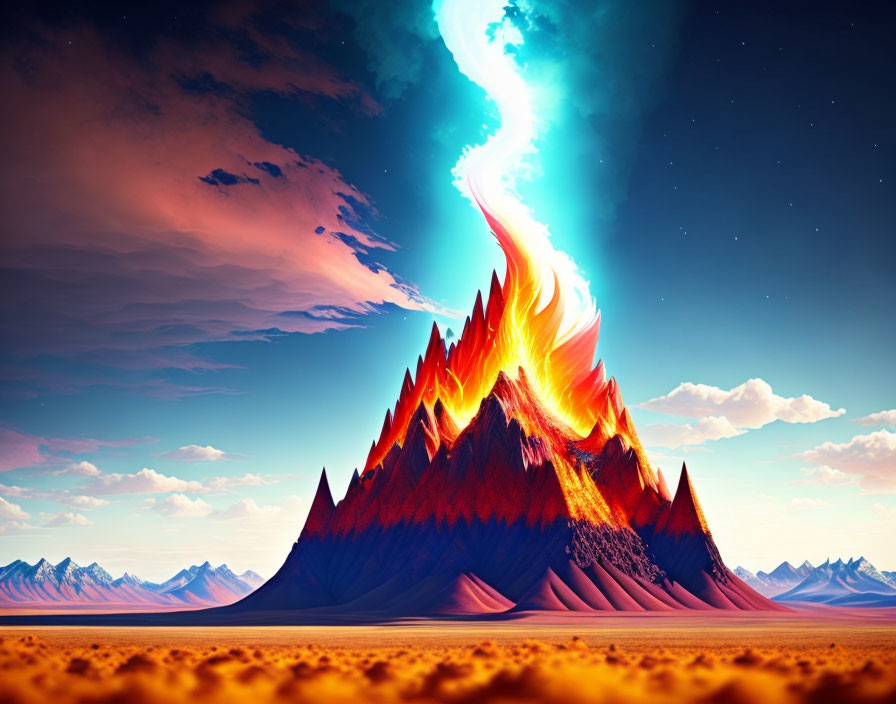 Vibrant digital artwork of fiery mountain erupting with blue energy beam