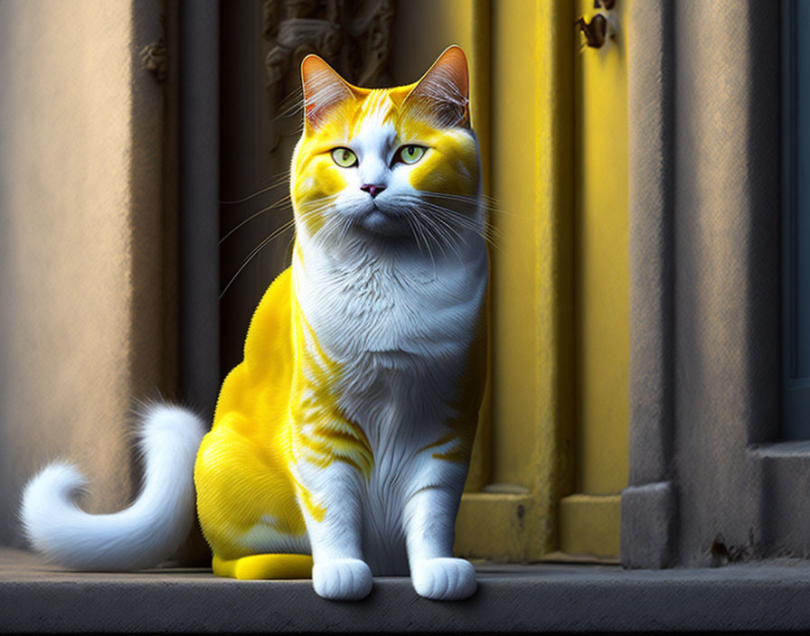 White and Yellow Cat with Striking Eyes Beside Yellow Wall