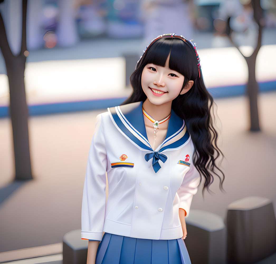 Smiling young woman in sailor-style school uniform with long, curly hair