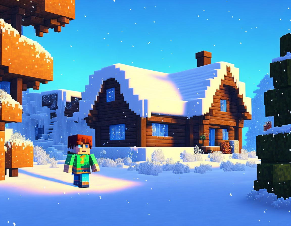 Minecraft character in snowy landscape with log cabin