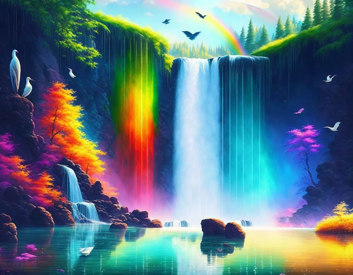 Colorful Rainbow Waterfall Surrounded by Lush Flora and Birds