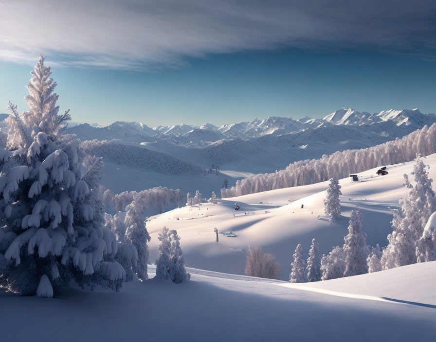 Snow-covered trees in serene winter landscape under blue sky