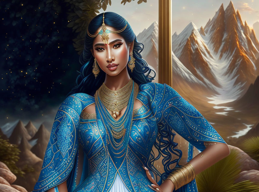 Illustrated woman in Indian attire with jewelry against mountain backdrop