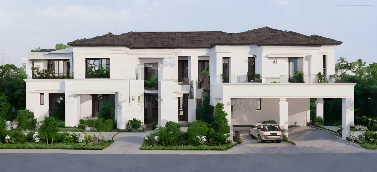 Two-story white villa with balcony, large windows, landscaped garden, and covered driveway.