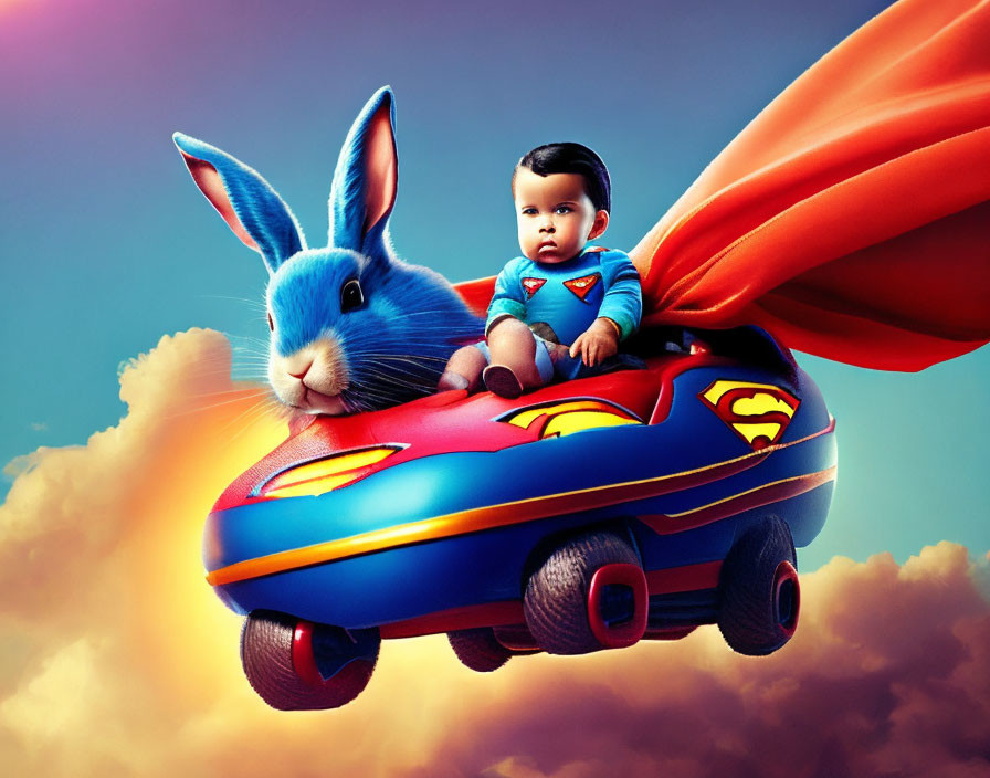 Baby dressed as Superman with blue rabbit in toy car under dramatic sky