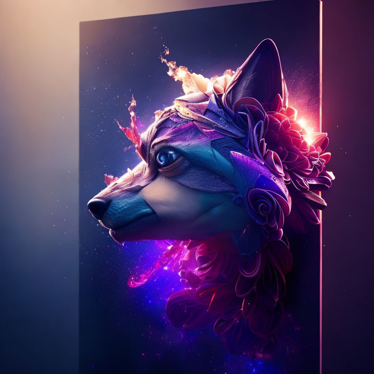 Stylized wolf's head digital artwork with purple and pink hues