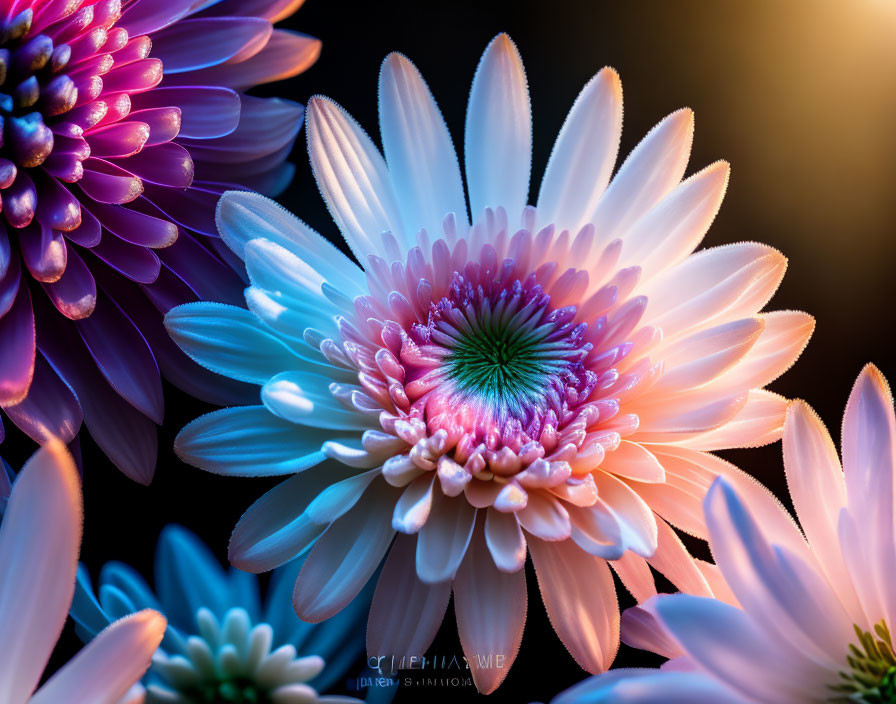 Close-up of purple and white blooming flowers on dark background
