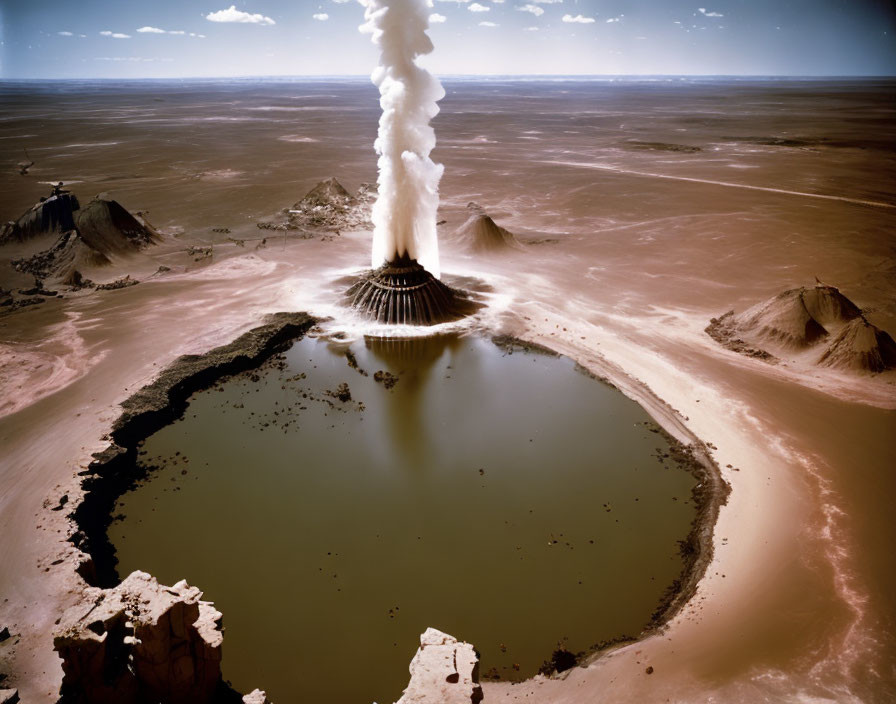 Explosive nuclear test with shockwave in desert landscape