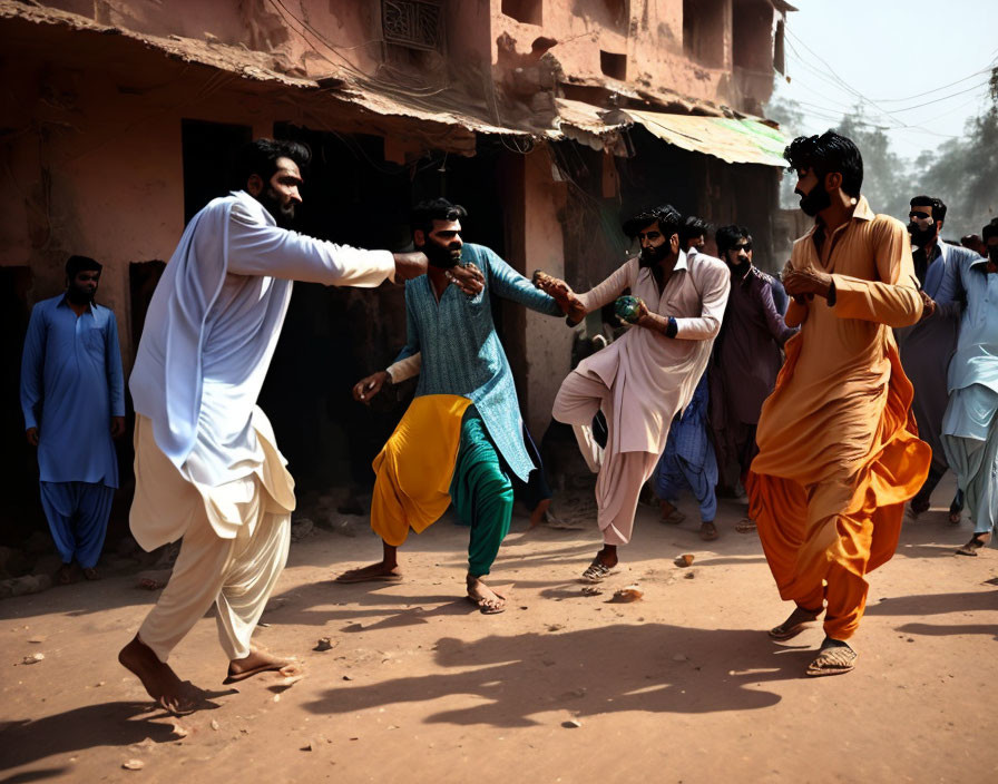 Men in traditional attire playing game or dancing near old buildings