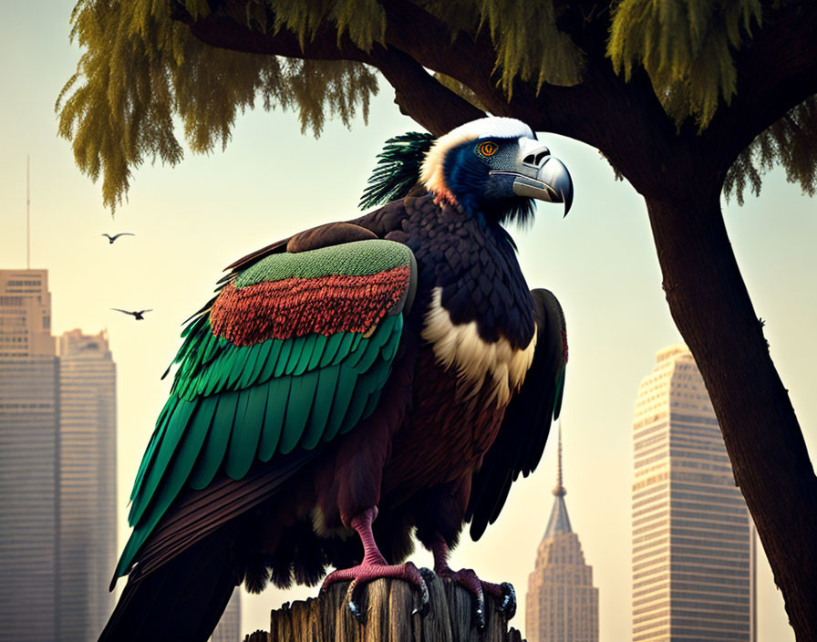 Multicolored eagle on wooden structure with cityscape background