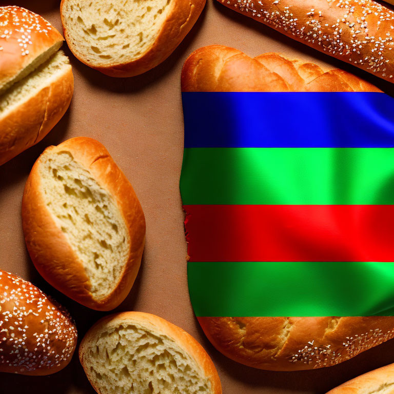 Various bread types with RGB color model stripes blending into secondary colors