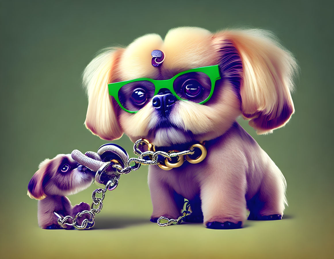 Stylized cartoon image of two dogs with green sunglasses and leash.