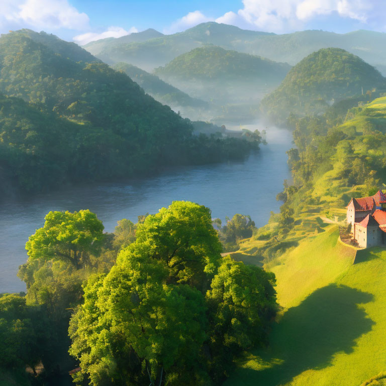 Misty river winding through green hills with red-roofed house by water