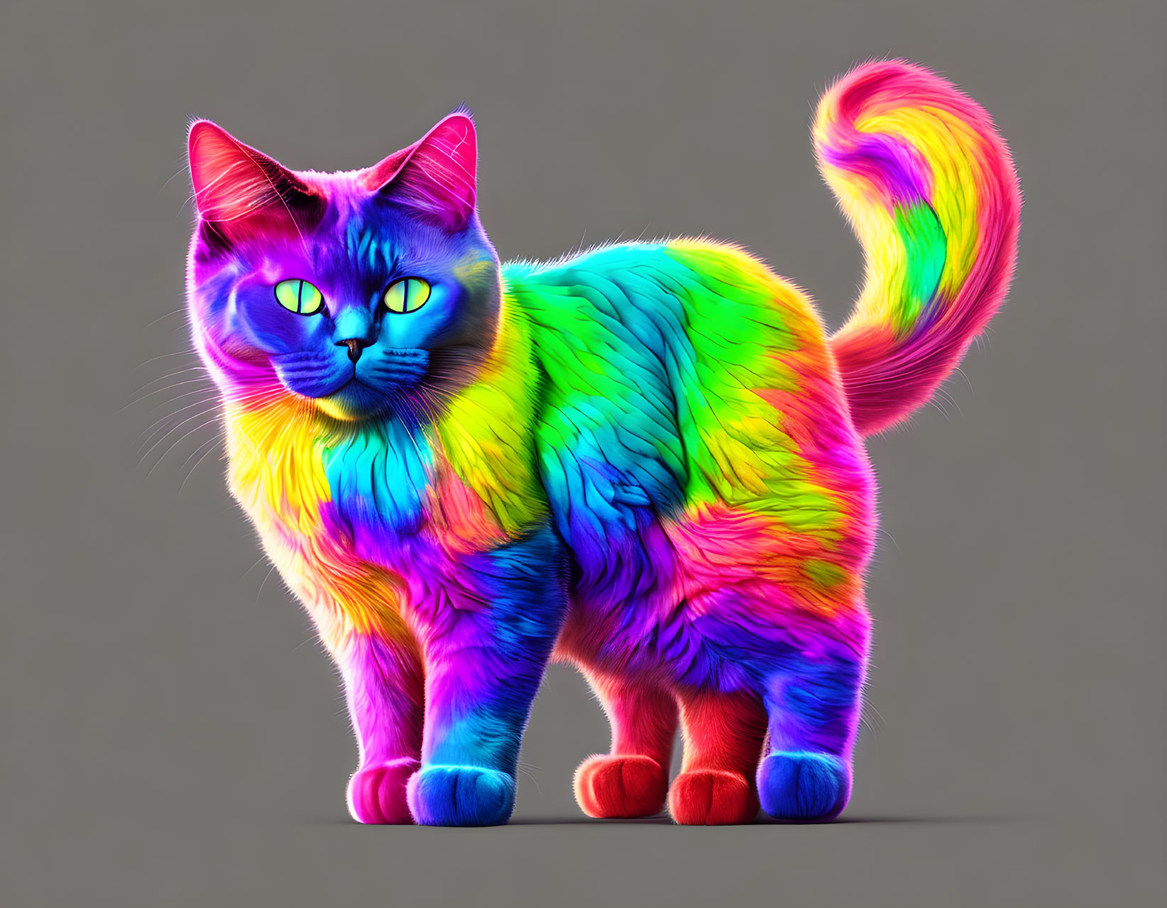 Colorful Rainbow-Hued Fluffy Cat on Neutral Background