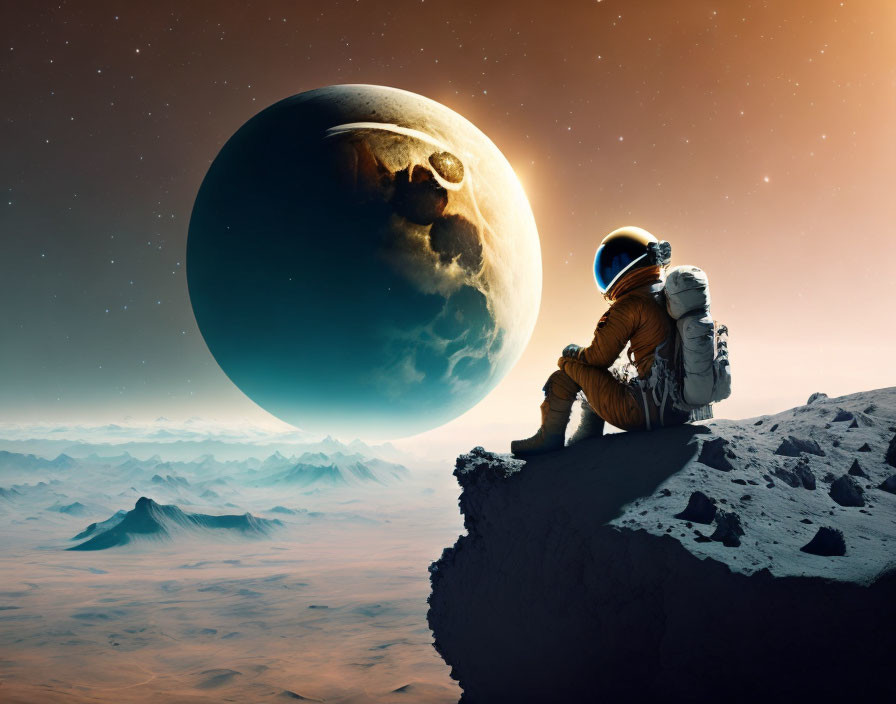 Astronaut overlooking rugged alien landscape with large planet in sky