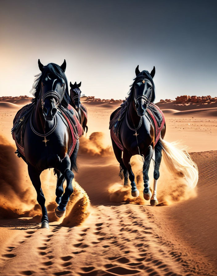 Majestic black horses galloping in desert landscape