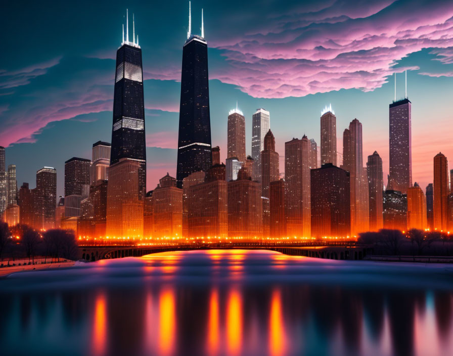 Vivid twilight cityscape with skyscrapers and purple clouds