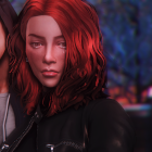 Digital art image: Red-haired female and dark-haired male characters in close pose