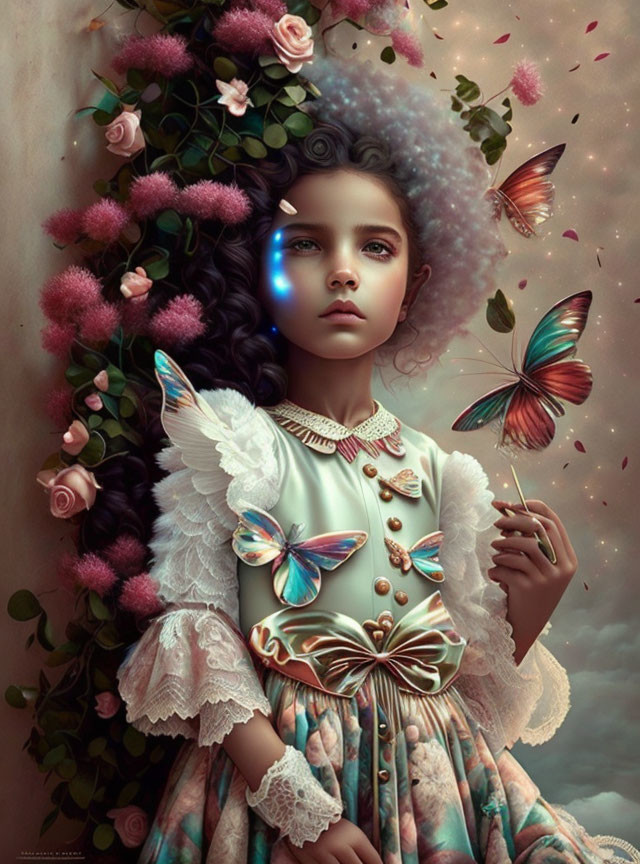 Vibrant surreal portrait of young girl with flowers and butterflies