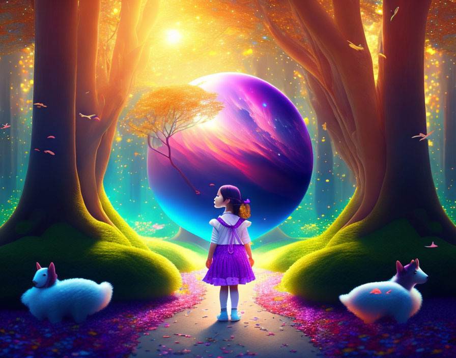 Girl in Purple Dress in Mystical Forest with Glowing Trees, White Creatures, and Colorful Orb