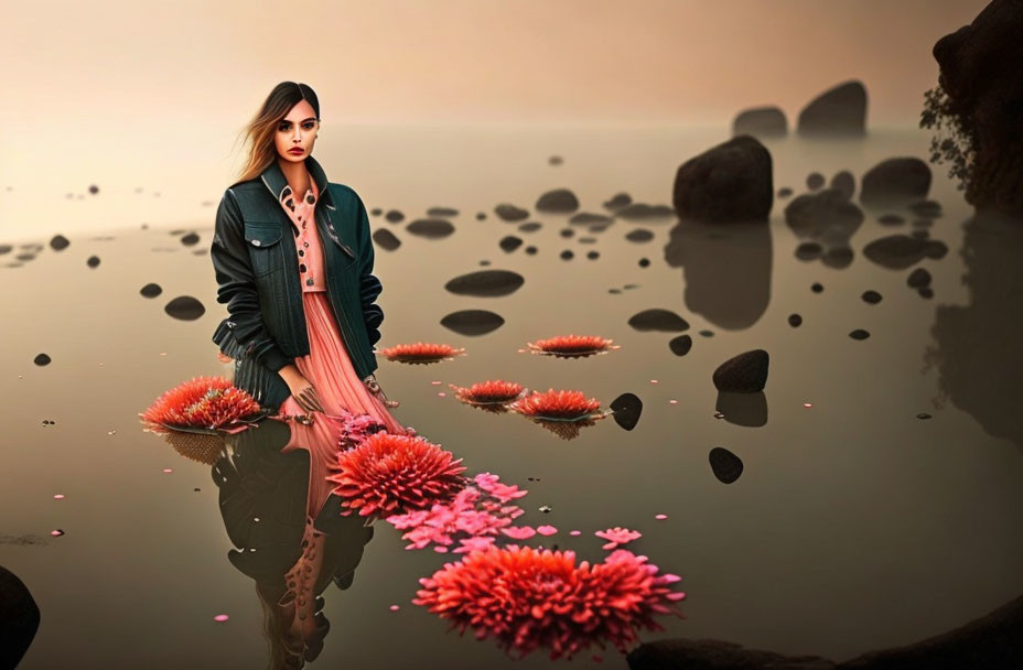 Woman standing on calm water with pink flowers and rocks at sunset