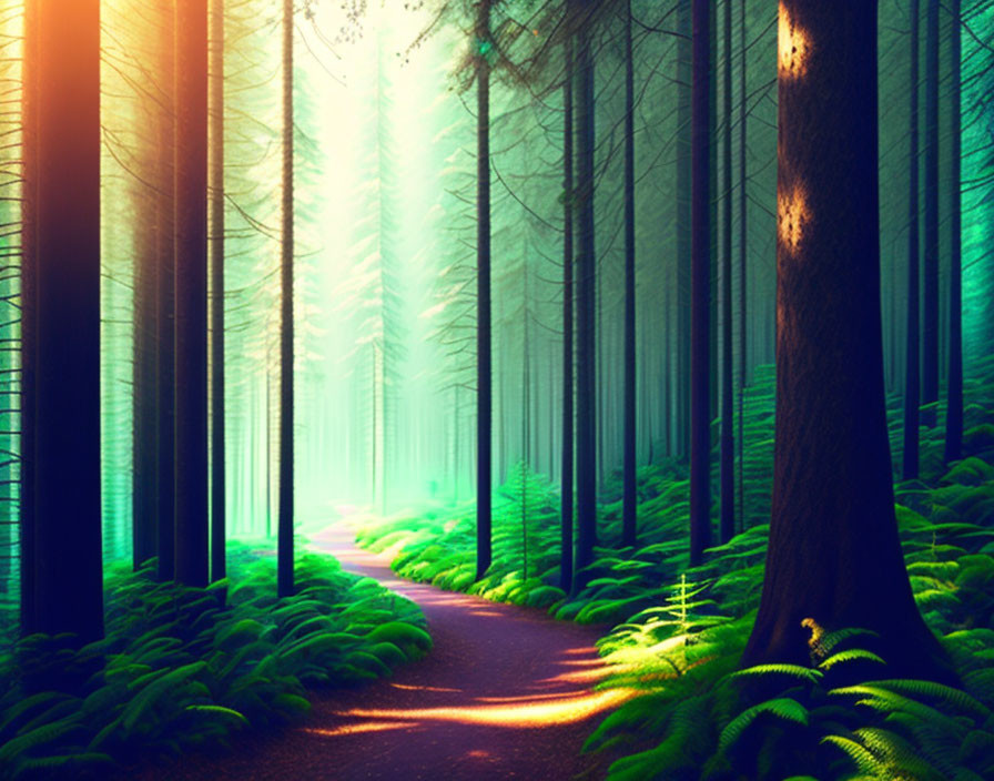 Tranquil Forest Path with Towering Trees and Sunlight Filtering Through Foliage