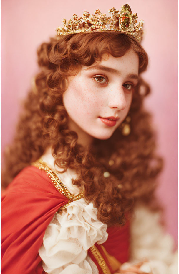 Curly-haired woman in crown, red dress with ruffles on pink background