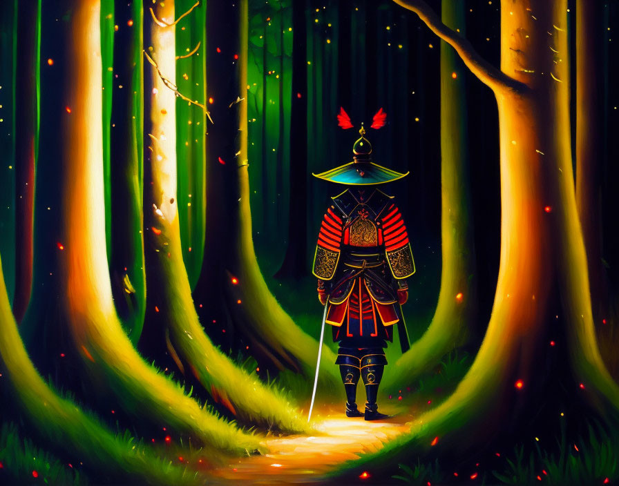 Traditional samurai warrior in forest with fireflies