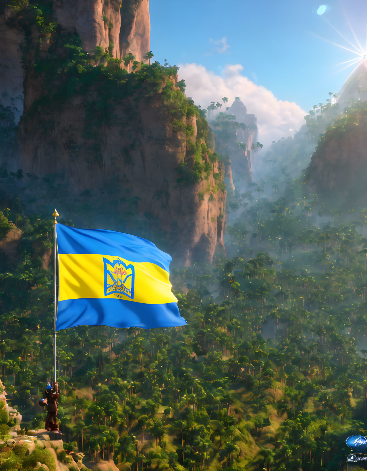 Vibrant Ukrainian flag on peak overlooking lush valley with rock formations