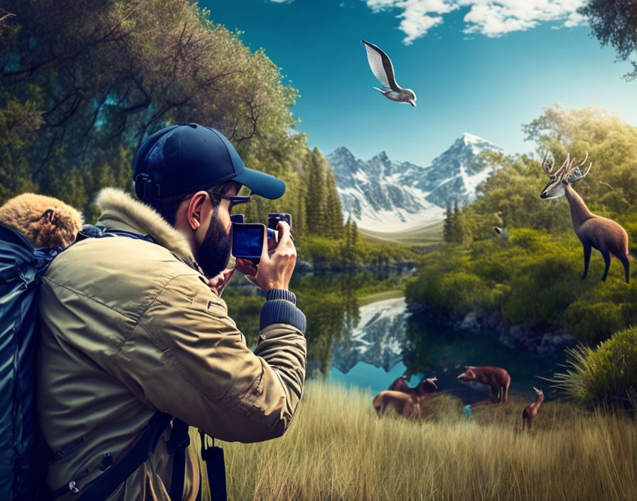 Photographer capturing wildlife with smartphone near lake and mountains