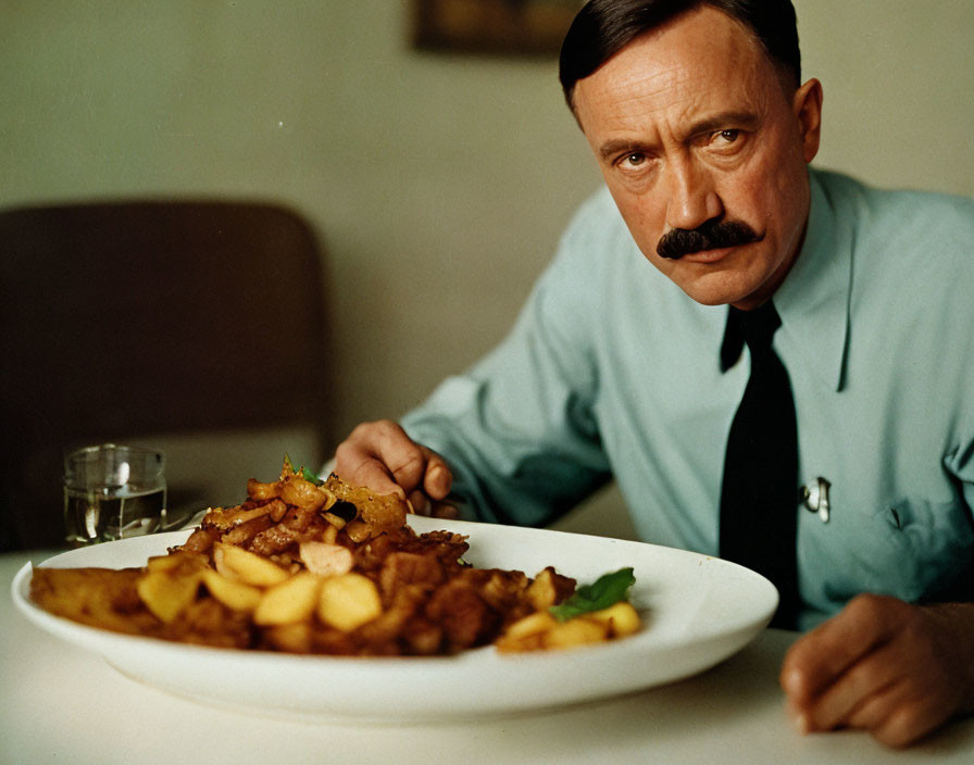 Man with Mustache in Blue Shirt Contemplating Plate of Fried Potatoes