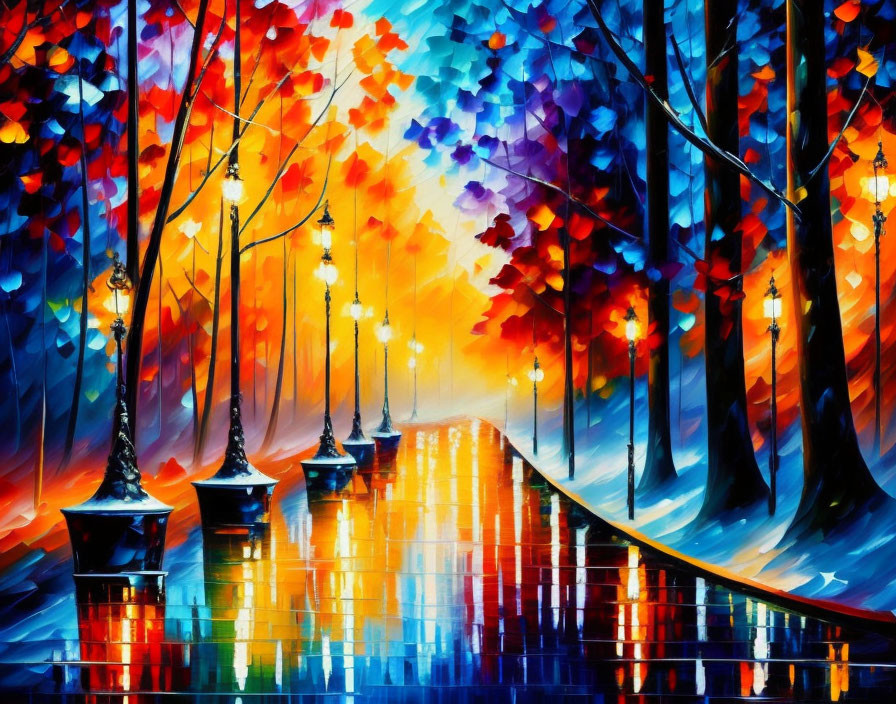 Colorful Painting of Whimsical Forest Path with Trees and Lampposts