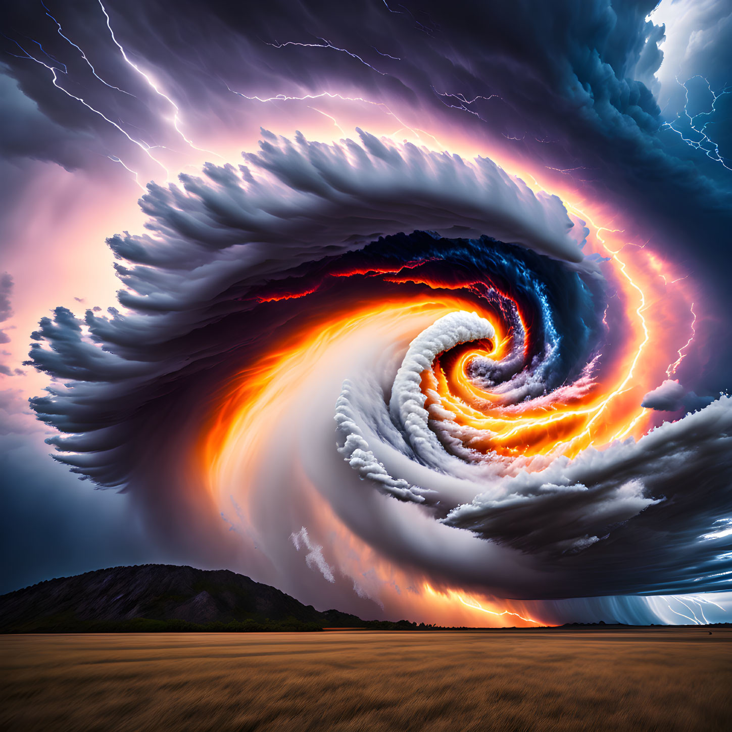Vibrant surreal vortex in the sky with fiery orange and cool blue hues