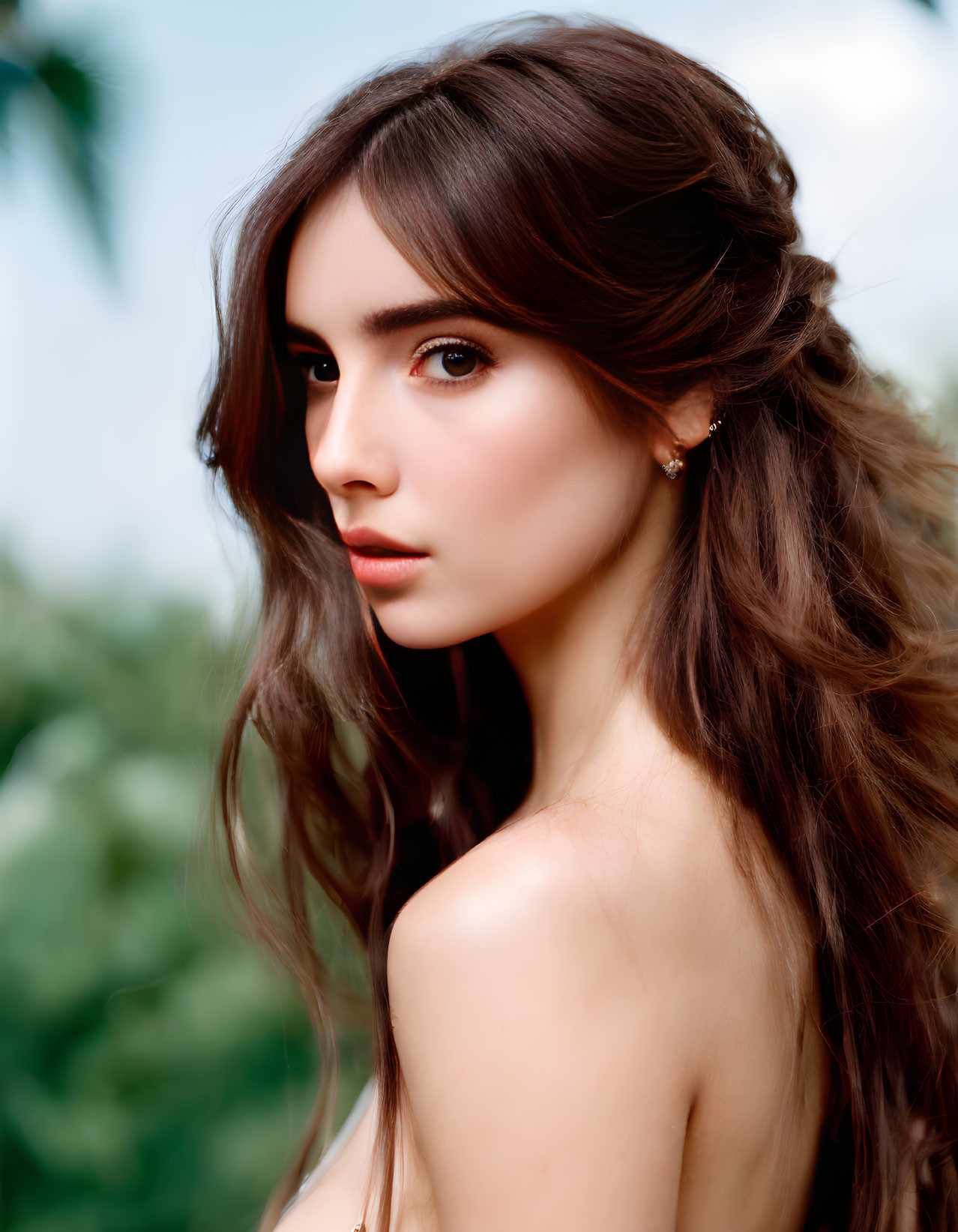 Long Wavy Hair Woman with Subtle Gaze in Nature Background