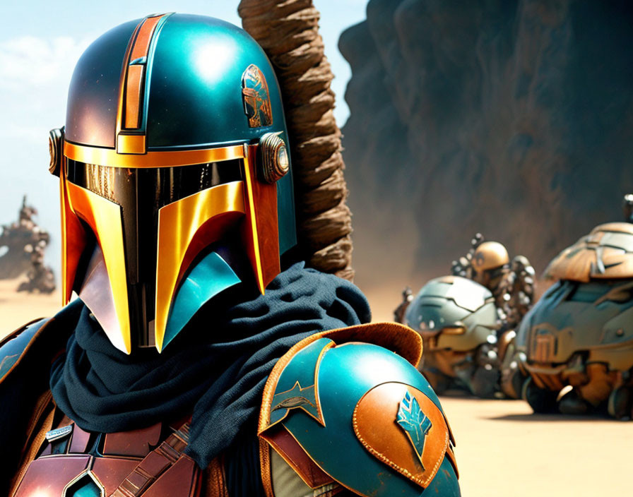 Detailed Blue and Gold Mandalorian Helmet and Armor in Desert Landscape