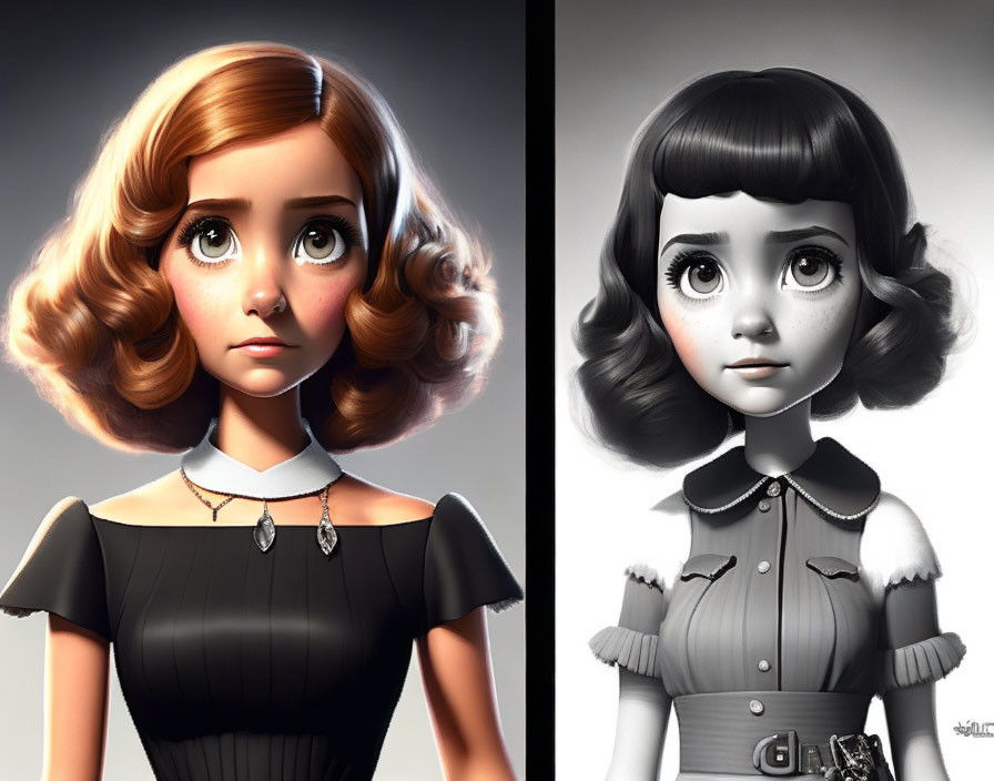 Stylized digital portraits: girl with large eyes, retro hairstyles in color and grayscale