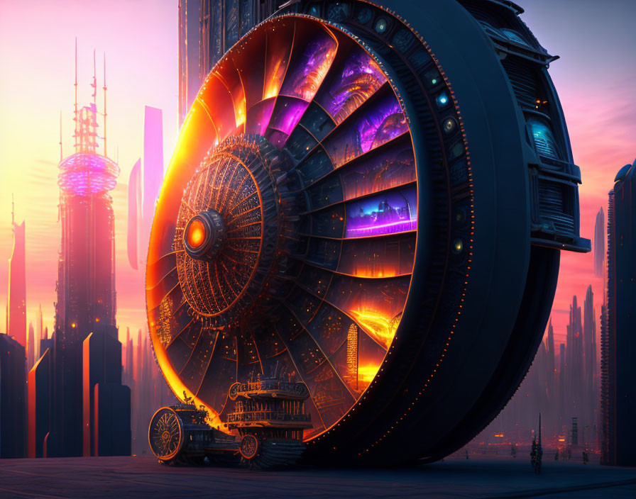 Futuristic cityscape at sunset with glowing wheel-like structure