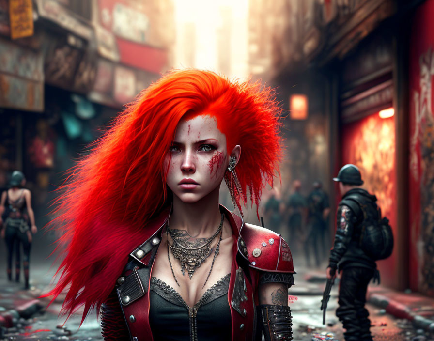 Vibrant red-haired woman in cyberpunk attire in gritty urban alley