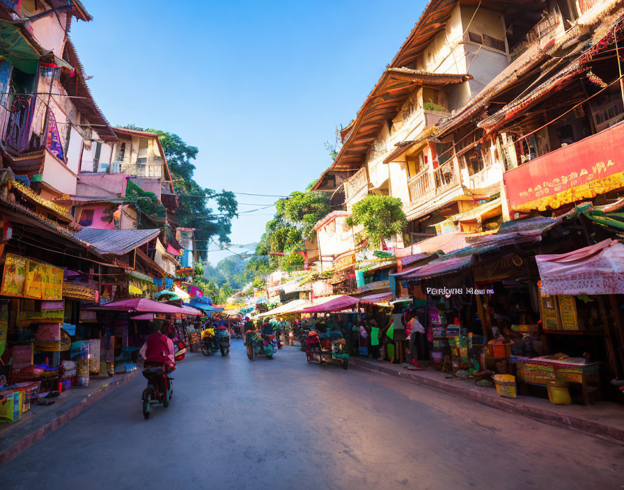 Colorful Street Market in Quaint Town with Motorcyclist