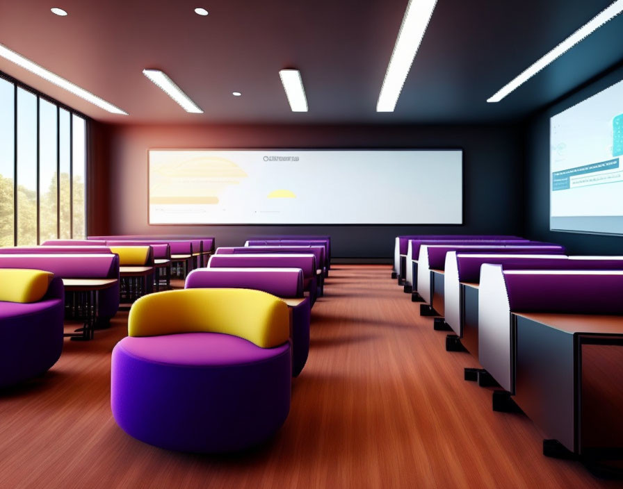 Modern Lecture Hall with Purple and Yellow Seats and Dual Projection Screens