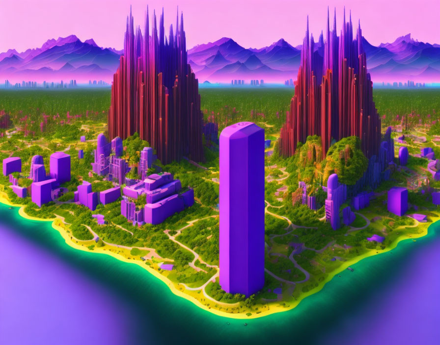 Colorful futuristic cityscape with magenta crystals, purple skyscraper, and greenery