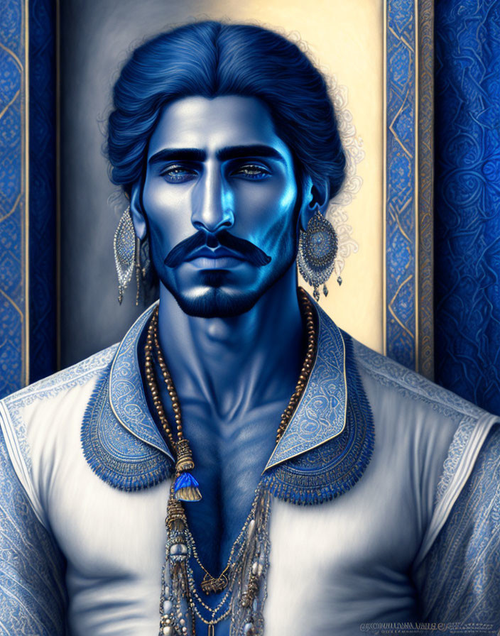 Man with Blue Skin and Gold Adornments on Ornate Blue Background